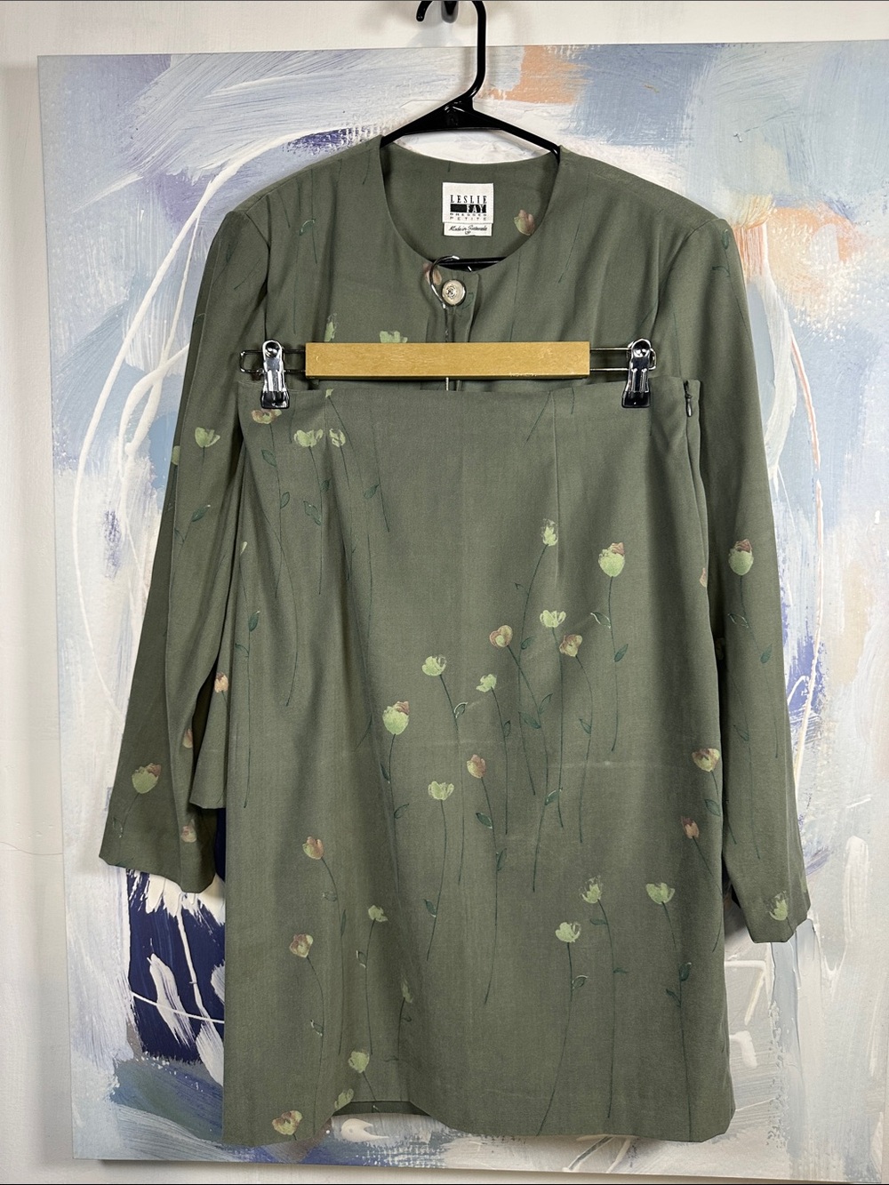 VINTAGE Leslie Fay 2 Piece Skirt Suit Set Olive Green Botanical Floral Size 12 P